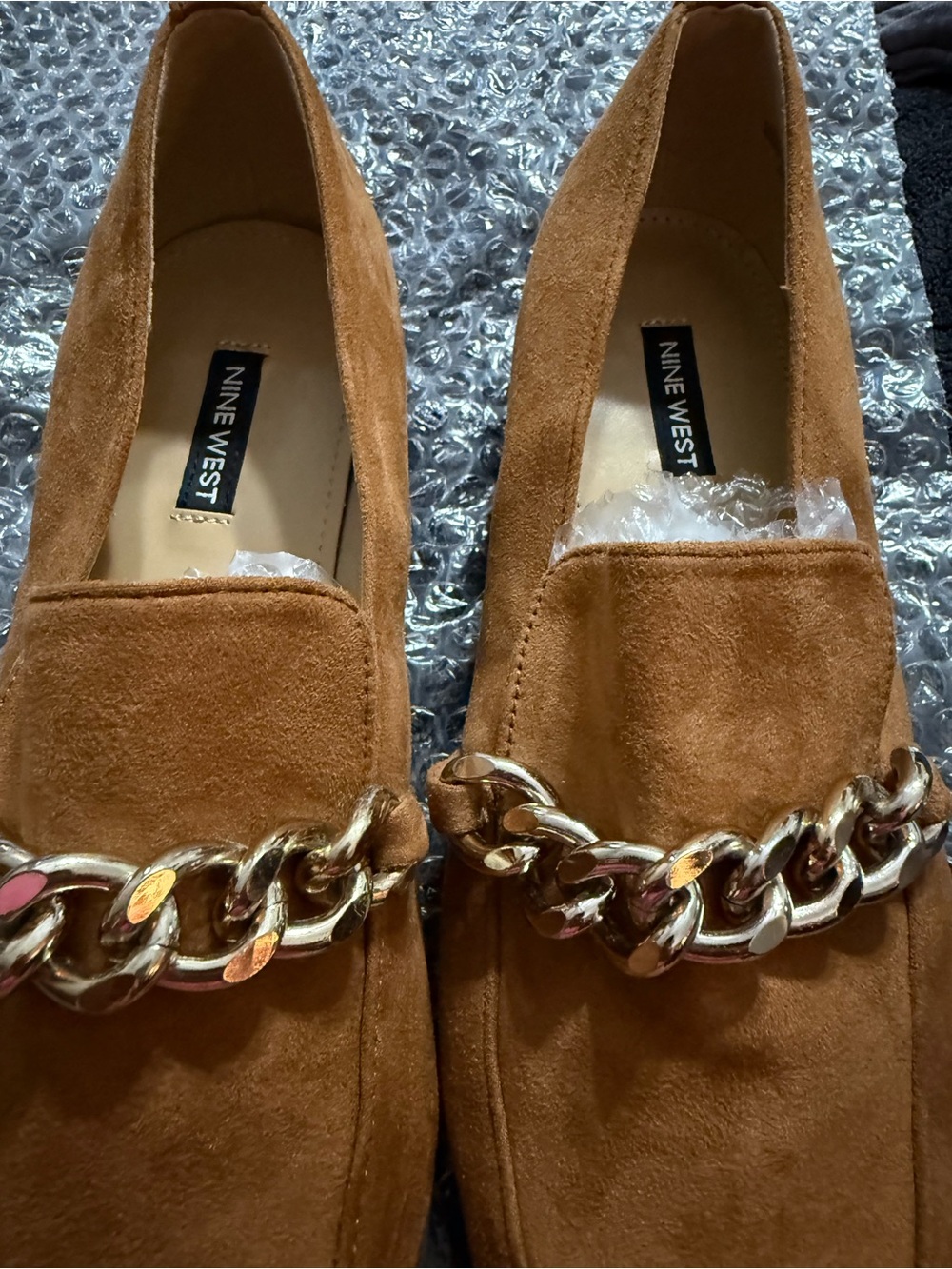 Nine West Brown Suede Loafers with Gold Chain Accent